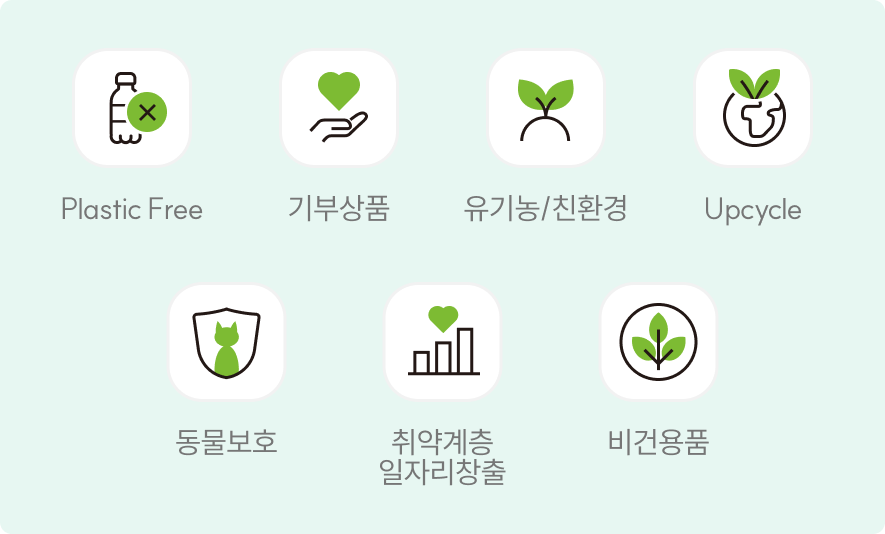제로웨이스트, 기부상품, 유기농/친환경, 취약계층 일자리 창출, 대체식품, 동물보호, 지구보호 등 기업정보 이미지